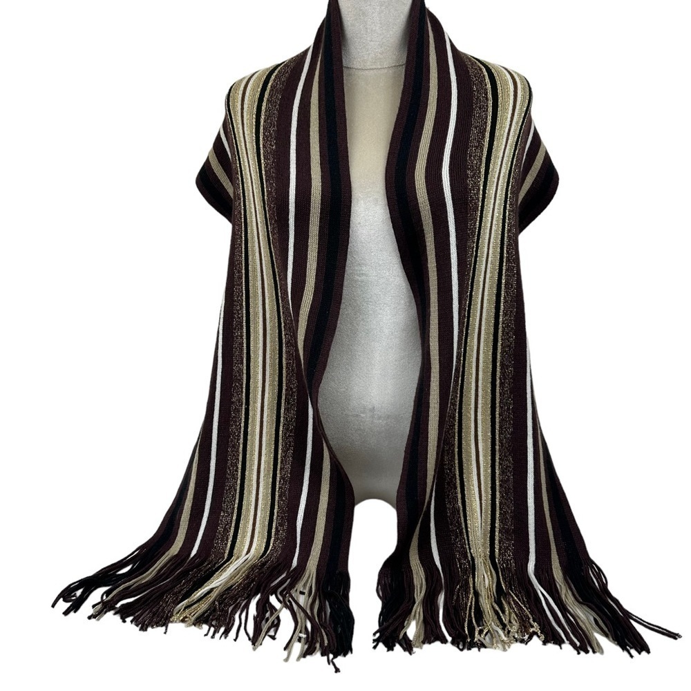 Brown Gold Metallic Strip Knit Scarf